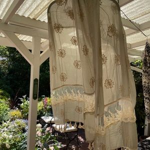 Green sage and cream scarf embroiedry and lace. Lightweight